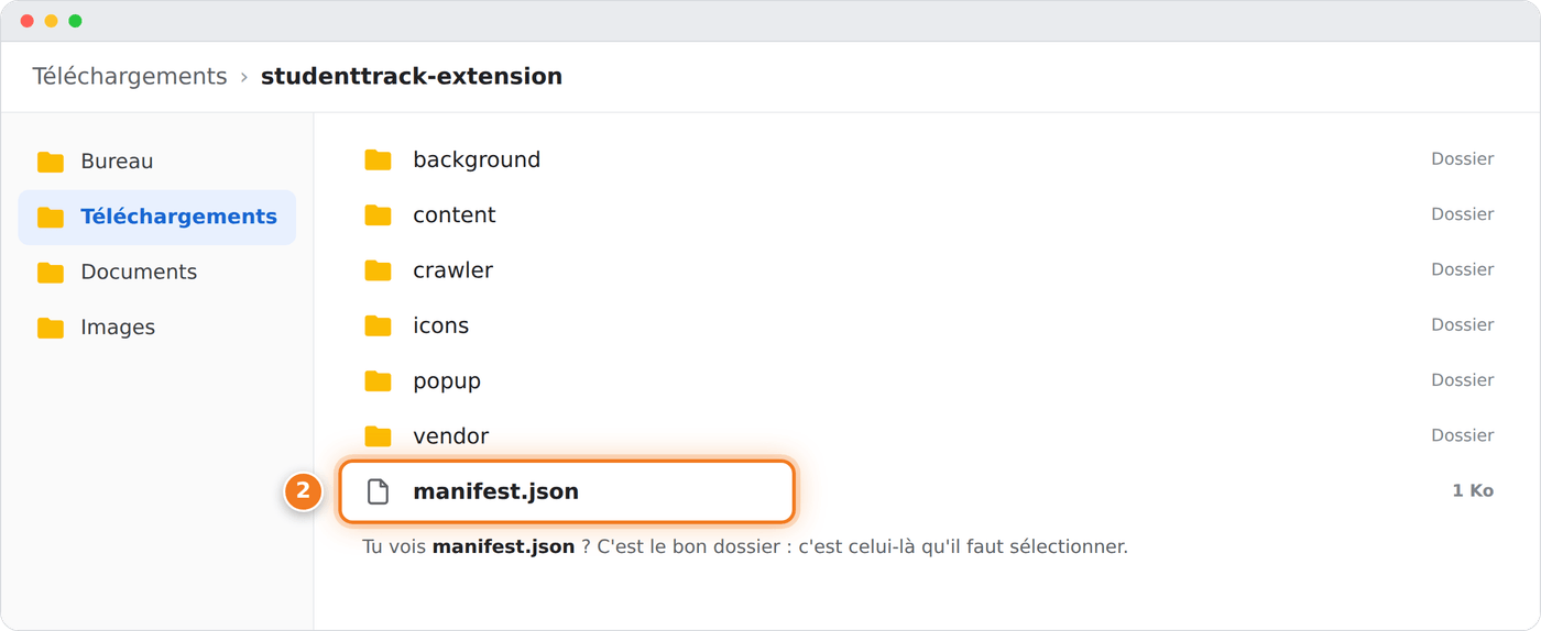 Le dossier studenttrack-extension décompressé, contenant notamment le fichier manifest.json