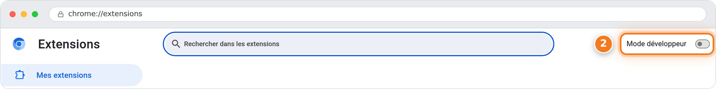 La page des extensions du navigateur, avec l'interrupteur Mode développeur entouré en haut à droite
