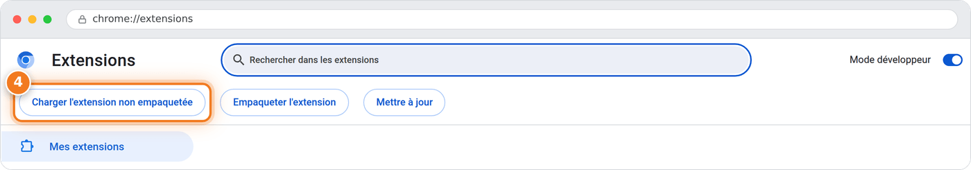 Le bouton « Charger l'extension non empaquetée » entouré, en haut à gauche de la page des extensions