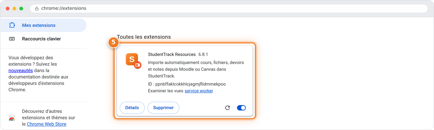 La carte StudentTrack Resources installée dans la liste des extensions du navigateur