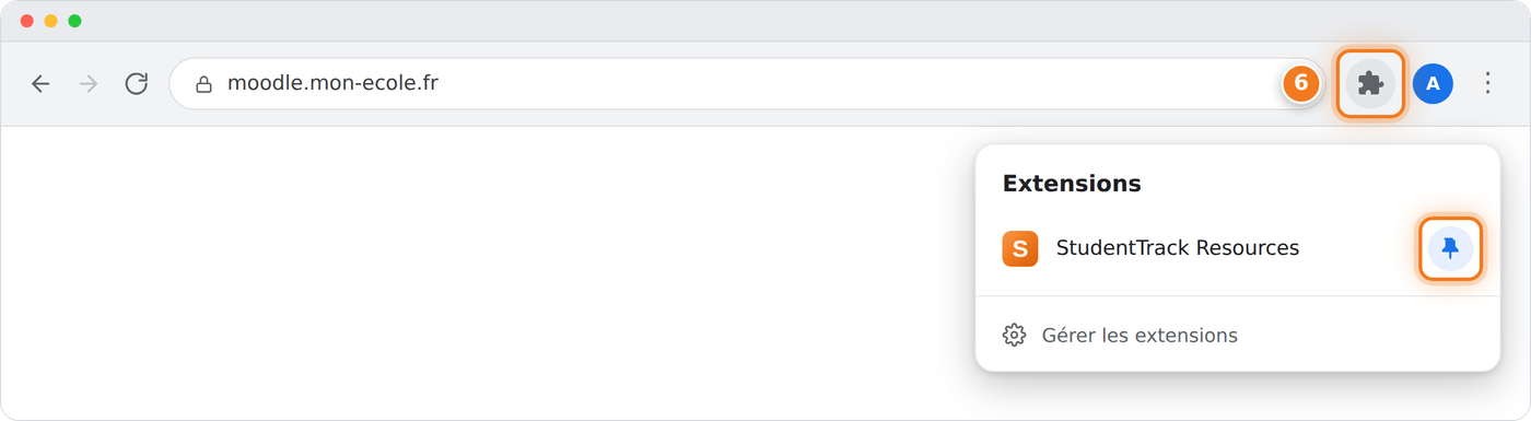 Le menu des extensions ouvert depuis la pièce de puzzle, avec l'épingle de StudentTrack Resources entourée
