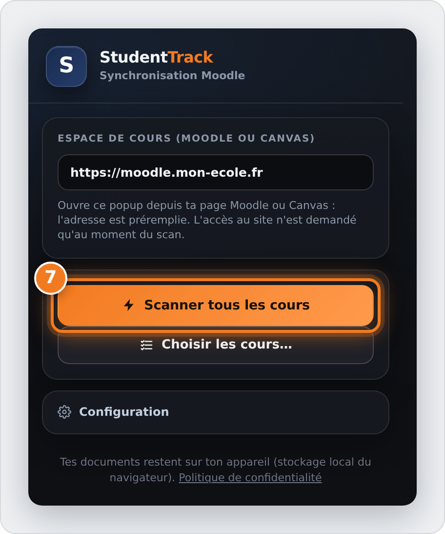 La fenêtre de l'extension StudentTrack, avec le bouton « Scanner tous les cours » entouré