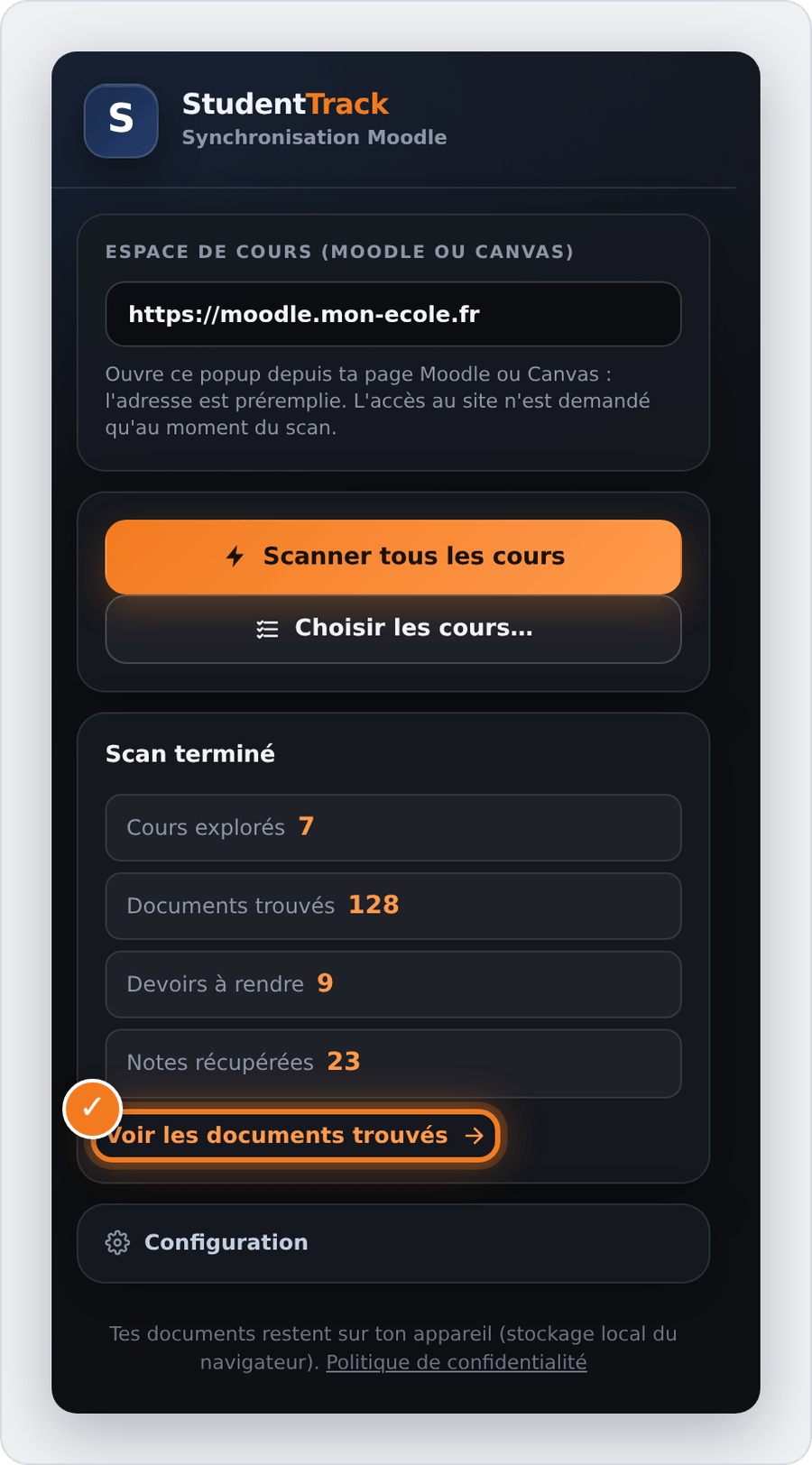 La fenêtre de l'extension après un scan, avec le récapitulatif et le lien « Voir les documents trouvés »